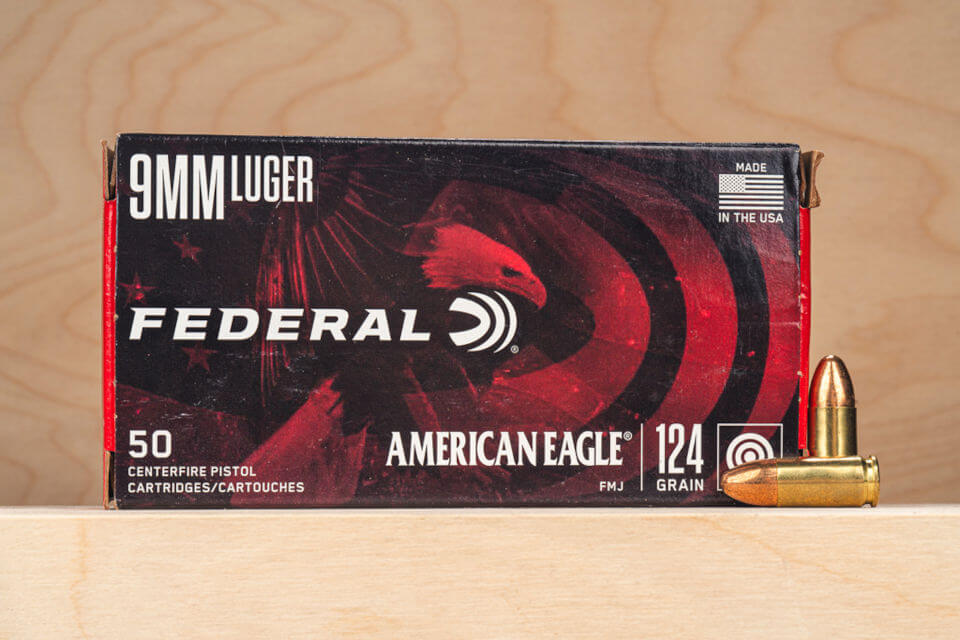 Box of Federal American Eagle 9mm Luger 124 grain FMJ ammo