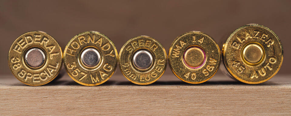 Cartridge headstamps from five ammo brands in five handgun calibers, from 38 Special to 45 Auto