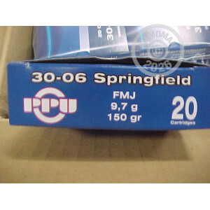 A photograph detailing the 30.06 Springfield ammo with FMJ bullets made by Prvi Partizan.