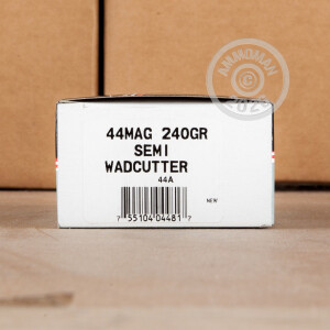 A photograph detailing the 44 Remington Magnum ammo with Lead Semi-Wadcutter (LSWC) bullets made by Ultramax.