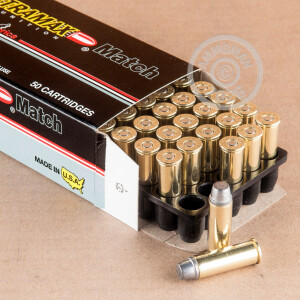 A photograph of 50 rounds of 240 grain 44 Remington Magnum ammo with a Lead Semi-Wadcutter (LSWC) bullet for sale.