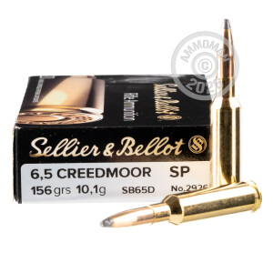 A photograph detailing the 6.5MM CREEDMOOR ammo with soft point bullets made by Sellier & Bellot.