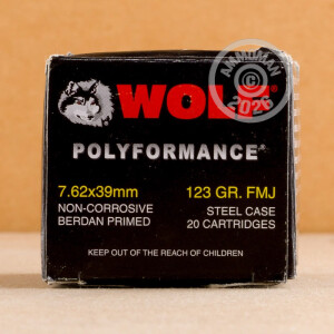 Photograph showing detail of 7.62X39MM WOLF WPA POLYFORMANCE 123 GRAIN FMJ (20 ROUNDS)