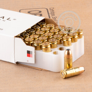 A photograph of 50 rounds of 115 grain 9mm Luger ammo with a JHP bullet for sale.
