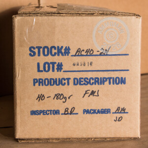 A photograph detailing the .40 Smith & Wesson ammo with FMJ bullets made by Armscor.