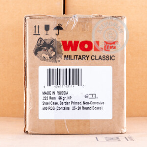 A photograph detailing the 223 Remington ammo with HP bullets made by Wolf.