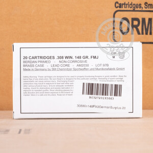 Photo detailing the 308 WIN GERMAN MILITARY SURPLUS 148 GRAIN FMJ (1000 ROUNDS) for sale at AmmoMan.com.