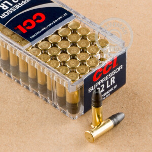 Photograph of .22 Long Rifle ammo with Lead Hollow Point (LHP) ideal for hunting varmint sized game, Subsonic, training at the range.
