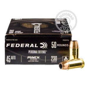 Photo detailing the 45 ACP FEDERAL PUNCH 230 GRAIN JHP (500 ROUNDS) for sale at AmmoMan.com.