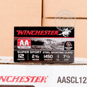 Photo detailing the 12 GAUGE WINCHESTER AA STEEL SPORTING CLAY 2-3/4" 1 OZ. #7.5 SHOT (25 ROUNDS) for sale at AmmoMan.com.