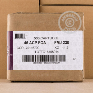 A photograph detailing the .45 Automatic ammo with FMJ bullets made by Fiocchi.