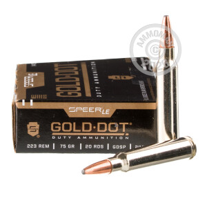 A photograph of 500 rounds of 75 grain 223 Remington ammo with a soft point bullet for sale.