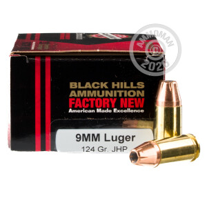 Image of the 9MM LUGER BLACK HILLS 124 GRAIN JHP (20 ROUNDS) available at AmmoMan.com.
