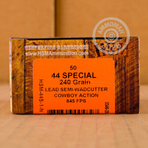 A photograph of 50 rounds of 240 grain 44 Special ammo with a Lead Semi-Wadcutter (LSWC) bullet for sale.