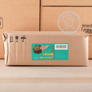 A photograph detailing the 7.62 x 54R ammo with FMJ bullets made by Brown Bear.