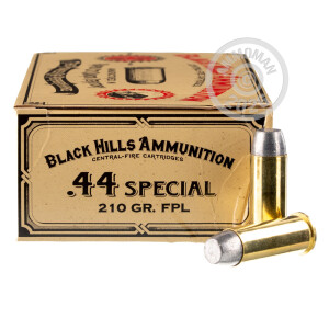 Photo detailing the 44 SPECIAL BLACK HILLS AMMUNITION 210 GRAIN LEAD FLAT POINT (50 ROUNDS) for sale at AmmoMan.com.