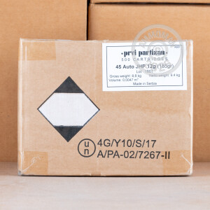 A photo of a box of Prvi Partizan ammo in .45 Automatic.
