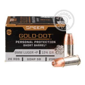 Image of the 9MM +P SPEER GOLD DOT SHORT BARREL 124 GRAIN JHP (20 ROUNDS) available at AmmoMan.com.