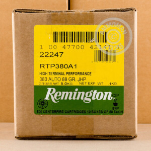 Photo detailing the 380 AUTO REMINGTON HTP 88 GRAIN JACKETED HOLLOW POINT (500 ROUNDS) for sale at AmmoMan.com.