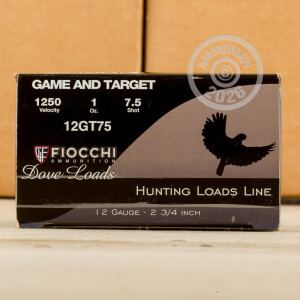 Image of the 12 GAUGE FIOCCHI GAME AND TARGET 2-3/4" #7.5 SHOT (250 SHELLS) available at AmmoMan.com.