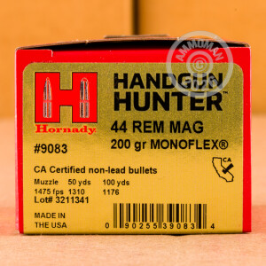 Photo detailing the 44 MAGNUM HORNADY HANDGUN HUNTER 200 GRAIN MONOFLEX (20 ROUNDS) for sale at AmmoMan.com.