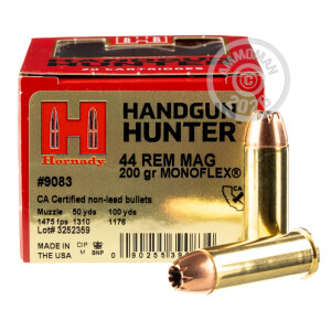 Photograph showing detail of 44 MAGNUM HORNADY HANDGUN HUNTER 200 GRAIN MONOFLEX (20 ROUNDS)
