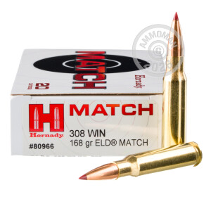 Photograph showing detail of 308 WIN HORNADY MATCH 168 GRAIN ELD MATCH (20 ROUNDS)