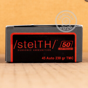 A photograph detailing the .45 Automatic ammo with TMJ bullets made by Ammo Incorporated.