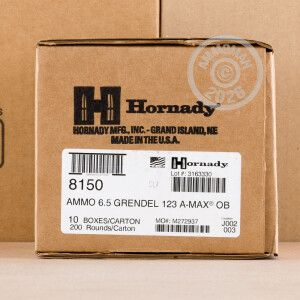 Photograph showing detail of 6.5 GRENDEL HORNADY 123 GRAIN A-MAX POLYMER TIP (20 ROUNDS)