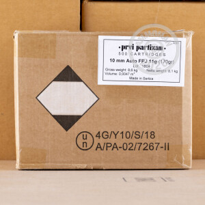 A photograph detailing the 10mm ammo with FMJ bullets made by Prvi Partizan.