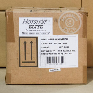 A photo of a box of Hotshot Ammunition ammo in 8mm Mauser JS that's often used for training at the range.