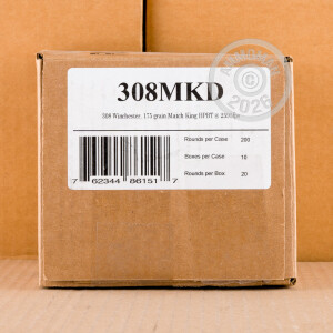 A photograph of 20 rounds of 175 grain 308 / 7.62x51 ammo with a Hollow-Point Boat Tail (HP-BT) bullet for sale.