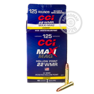 Photo detailing the 22 WMR CCI MAXI-MAG 40 GRAIN JHP (125 ROUNDS) for sale at AmmoMan.com.