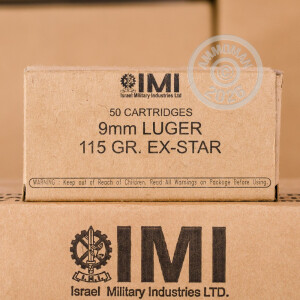 Image of 9mm Luger ammo by Israeli Military Industries that's ideal for home protection, training at the range.