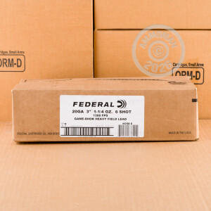 Photo detailing the 20 GAUGE FEDERAL GAME LOAD UPLAND HI-BRASS  3" 1-1/4 OZ. #6 SHOT (25 ROUNDS) for sale at AmmoMan.com.