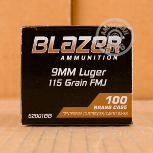 Photo detailing the 9MM BLAZER BRASS 115 GRAIN FMJ (1000 ROUNDS) for sale at AmmoMan.com.