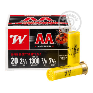 Image of the 20 GAUGE WINCHESTER AA 2-3/4" 7/8 OZ. #7.5 SHOT (250 ROUNDS) available at AmmoMan.com.