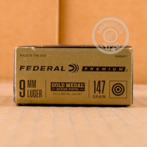 A photograph of 50 rounds of 147 grain 9mm Luger ammo with a TMJ bullet for sale.