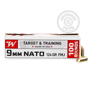 Photo detailing the 9MM NATO WINCHESTER 124 GRAIN FMJ (1000 ROUNDS) for sale at AmmoMan.com.