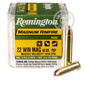 Photograph showing detail of 22 WMR REMINGTON MAGNUM RIMFIRE 40 GRAIN PSP (500 ROUNDS)