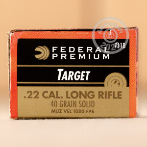 Photograph of .22 Long Rifle ammo with Lead Round Nose (LRN) ideal for precision shooting, Subsonic, training at the range.
