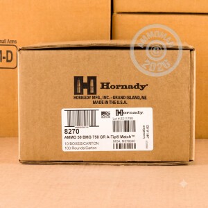 Photo detailing the 50 BMG HORNADY MATCH 750 GRAIN A-TIP MATCH (10 ROUNDS) for sale at AmmoMan.com.