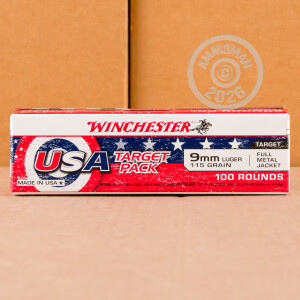 Photo detailing the 9MM WINCHESTER USA TARGET PACK 115 GRAIN FMJ (100 ROUNDS) for sale at AmmoMan.com.