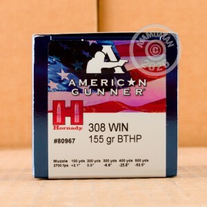 Photo detailing the 308 WIN HORNADY AMERICAN GUNNER 155 GRAIN HPBT (50 ROUNDS) for sale at AmmoMan.com.