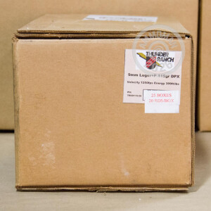 Photograph showing detail of 9MM LUGER +P CORBON THUNDER RANCH 115 GRAIN DPX (20 ROUNDS)