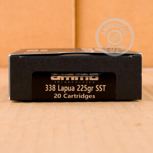Photo detailing the 338 LAPUA MAGNUM AMMO INC. 225 GRAIN SST (20 ROUNDS) for sale at AmmoMan.com.