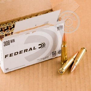 Photo detailing the 308 WIN FEDERAL AMERICAN EAGLE 150 GRAIN FMJBT (250 ROUNDS) for sale at AmmoMan.com.