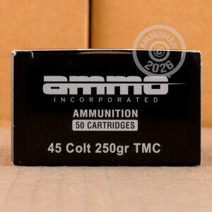 A photograph of 50 rounds of 250 grain .45 COLT ammo with a Total Metal Jacket (TMJ) bullet for sale.