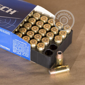 A photograph detailing the .45 Automatic ammo with JHP bullets made by Magtech.