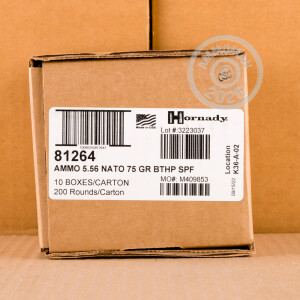 Image of 5.56x45mm ammo by Hornady that's ideal for hunting varmint sized game, precision shooting, training at the range.